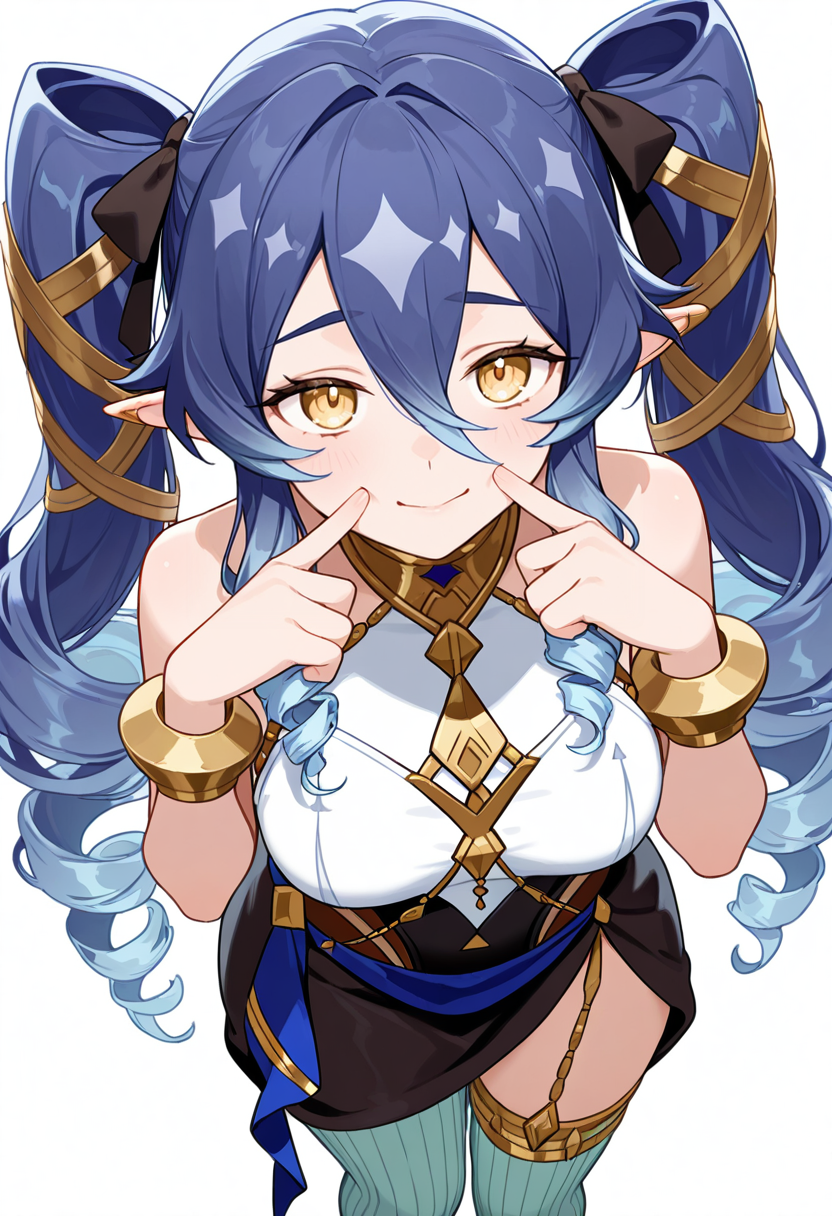 masterpiece,high quality details, absurdres,
 <lora:Layla:0.8>
layla_cnr, 1girl, blue hair,very long hair, twin drills, drill locks, pointy ears, yellow eyes, hair between eyes, sidelocks,medium breasts,, simple background, white background, from above,solo,, lonely,fingersmile,, sleeveless shirt,ofuda on clothes,hobble skirt,  ,green thighhighs,