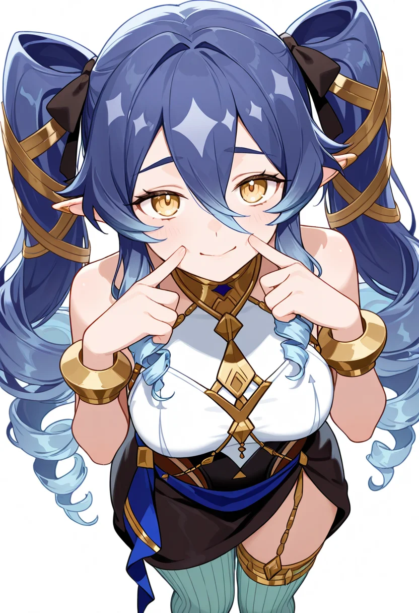 masterpiece,high quality details, absurdres,
<lora:Layla:0.8>
layla_cnr, 1girl, blue hair,very long hair, twin drills, drill locks, pointy ears, yellow eyes, hair between eyes, sidelocks,medium breasts,, simple background, white background, from above,solo,, lonely,fingersmile,, sleeveless shirt,ofuda on clothes,hobble skirt, ,green thighhighs,