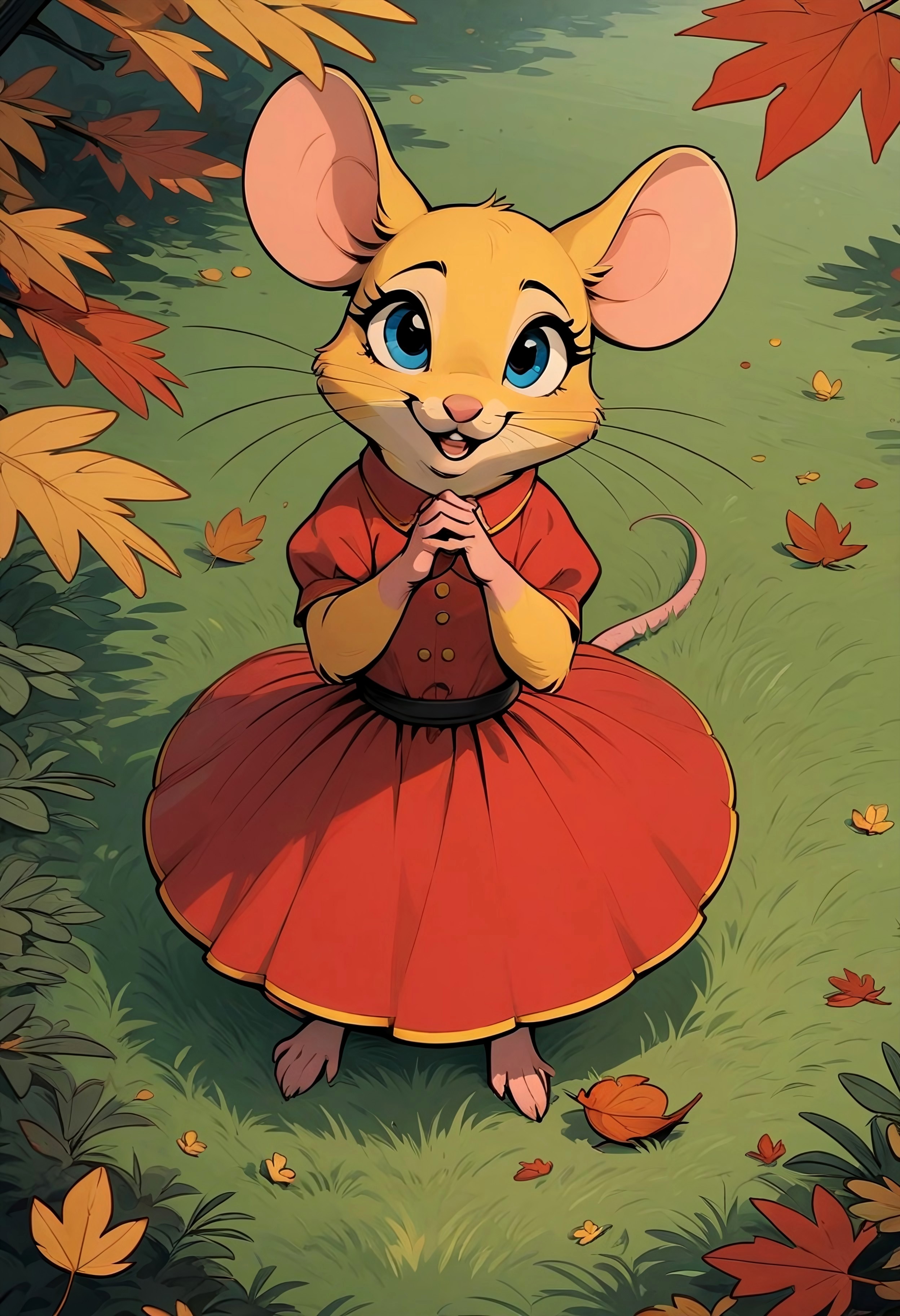 score_9, score_8_up, score_7_up, score_6_up, score_5_up, score_4_up,
[][][][][]
flat color, in the style of Beatrix Potter,
[][][][][]
(feral:1.3), female, (solo), mouse, irresistibly cute, fluffy fur and cheeks, short simple red dress, yellow fur, yellow ears, blue eyes, cel-shading, warm color palette, tree, grass, outdoors, (autumn), falling leaves, (high angle view:2), hands together,