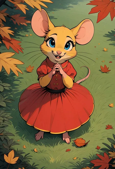 score_9, score_8_up, score_7_up, score_6_up, score_5_up, score_4_up,
[][][][][]
flat color, in the style of Beatrix Potter,
[][][][][]
(feral:1.3), female, (solo), mouse, irresistibly cute, fluffy fur and cheeks, short simple red dress, yellow fur, yellow ears, blue eyes, cel-shading, warm color palette, tree, grass, outdoors, (autumn), falling leaves, (high angle view:2), hands together,