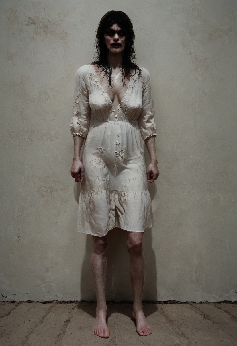 Full body shot, score_9, score_8_up, score_7_up, exorcist style, portrait, lying on grimy mattress, wearing stained grimy linen dress, old fashioned grimy linen dress, ankle-length dress, 1girl, zombie alma wade, demon-possessed creepy woman, white clammy skin with black veins, ((huge sagging veiny breasts)), perfect yellow eyes, realistic ,spread legs, holding necronomicon, bare feet, long floor-length linen dress, 
1girl boney figure, black messy tangled hair, wearing stained white old-fashioned nightgown, messy, very large sagging breasts, Demon possessed monster creature woman , exorcist style, glowing yellow eyes, sweaty, wet, in grimy wooden cabin bedroom on moldy mattress, 8k, 1dk, bodyhorror, scary, monster