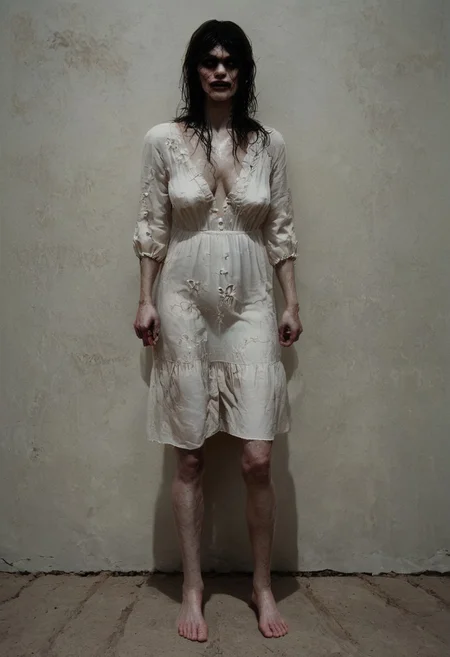 Full body shot, score_9, score_8_up, score_7_up, exorcist style, portrait, lying on grimy mattress, wearing stained grimy linen dress, old fashioned grimy linen dress, ankle-length dress, 1girl, zombie alma wade, demon-possessed creepy woman, white clammy skin with black veins, ((huge sagging veiny breasts)), perfect yellow eyes, realistic ,spread legs, holding necronomicon, bare feet, long floor-length linen dress,
1girl boney figure, black messy tangled hair, wearing stained white old-fashioned nightgown, messy, very large sagging breasts, Demon possessed monster creature woman , exorcist style, glowing yellow eyes, sweaty, wet, in grimy wooden cabin bedroom on moldy mattress, 8k, 1dk, bodyhorror, scary, monster