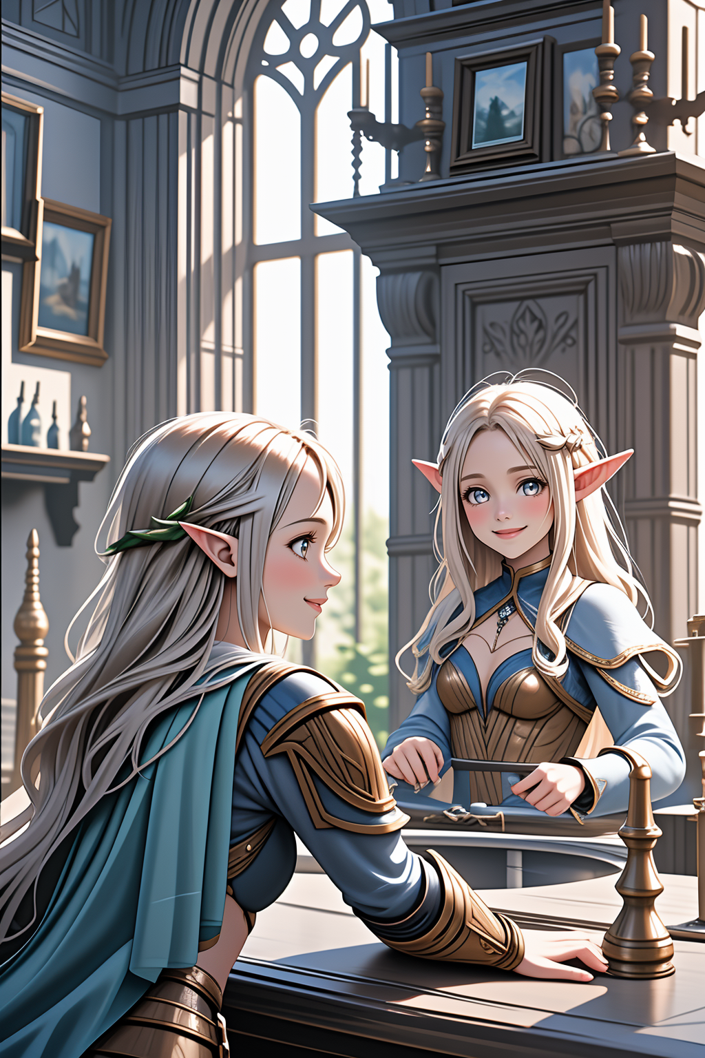 official art, fantasy, 2girls talking  ,elf,  adventurer's guild counter, smile <lora:LCM_LoRA_Weights_SD15:1>