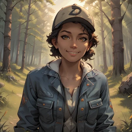 score_9, score_8, BREAK, solo, ,ClemTWD, dark-skinned female, dark skin, dark hair, short hair, brown eyes, denim jacket, cargo pants, high boots, cap, sexy pose, self portrait, smile, outdoors, sunlight, shadows, evening lighting, natural lighting, forest, trees, grass, orange sky, sunset