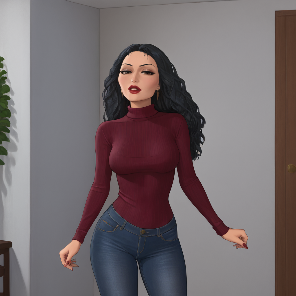 <lora:mothergothel_pony_v1:.8>mothergothel, 1girl,  solo, makeup, long hair, black hair, lipstick, red lipstick, long sleeves, large breasts, fingernails, dark skin, cowboy shot, sweater, jeans