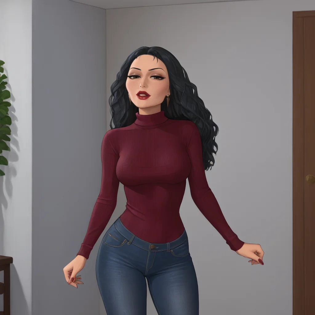 <lora:mothergothel_pony_v1:.8>mothergothel, 1girl,  solo, makeup, long hair, black hair, lipstick, red lipstick, long sleeves, large breasts, fingernails, dark skin, cowboy shot, sweater, jeans