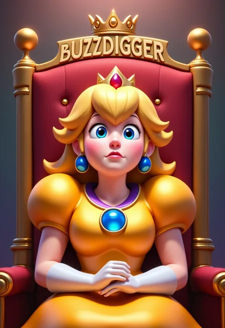 princess peach sitting on the throne, with her head raised towards the sky, offended, almost hysterically, above the throne with the golden inscription "BUZZDIGGER", text in bubble: "It's terrible that I have to beg for it"