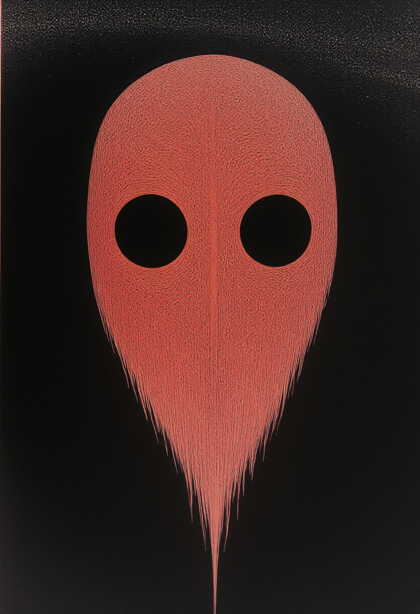 Surrealism black light Backlight, Very detailed, extreme Face Closeup of an eerie horned shinobi with wooden Mask, shaded eyes, atmospheric haze, Film grain, cinematic film still, shallow depth of field, highly detailed, high budget, pastel Red and grey