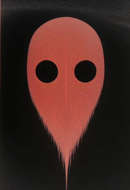 Surrealism black light Backlight, Very detailed, extreme Face Closeup of an eerie horned shinobi with wooden Mask, shaded eyes, atmospheric haze, Film grain, cinematic film still, shallow depth of field, highly detailed, high budget, pastel Red and grey