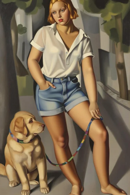 tamaradelempicka1 painting.
 26-year-old european girl, wearing a white short-sleeved shirt and short jean shorts, walking a golden retriever, one hand in her pocket, the other holding the dog leash. <lora:tamaradelempicka1_cap_d8a4:1.0><lora:863952655267941352:0>