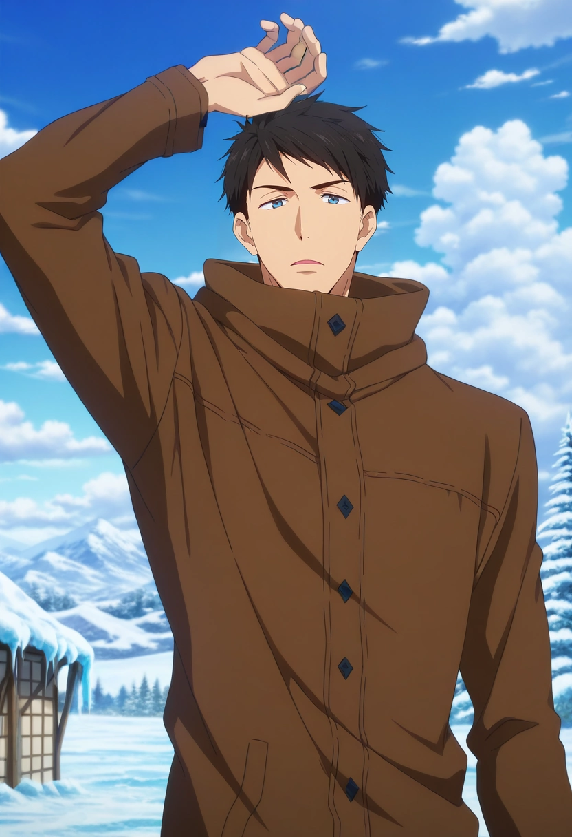 masterpiece, best quality, intricate details, anime screencap, anime coloring, official style, looking at viewer, 1boy, solo, male focus, <lora:sousuke_yamazaki_ilxl:0.92>, sousuke_yamazaki, black hair, blue eyes, short hair, asymmetrical, snowy town, snow, ice, stalagmite, day, clouds, arm up, speaking, talking, thief costume