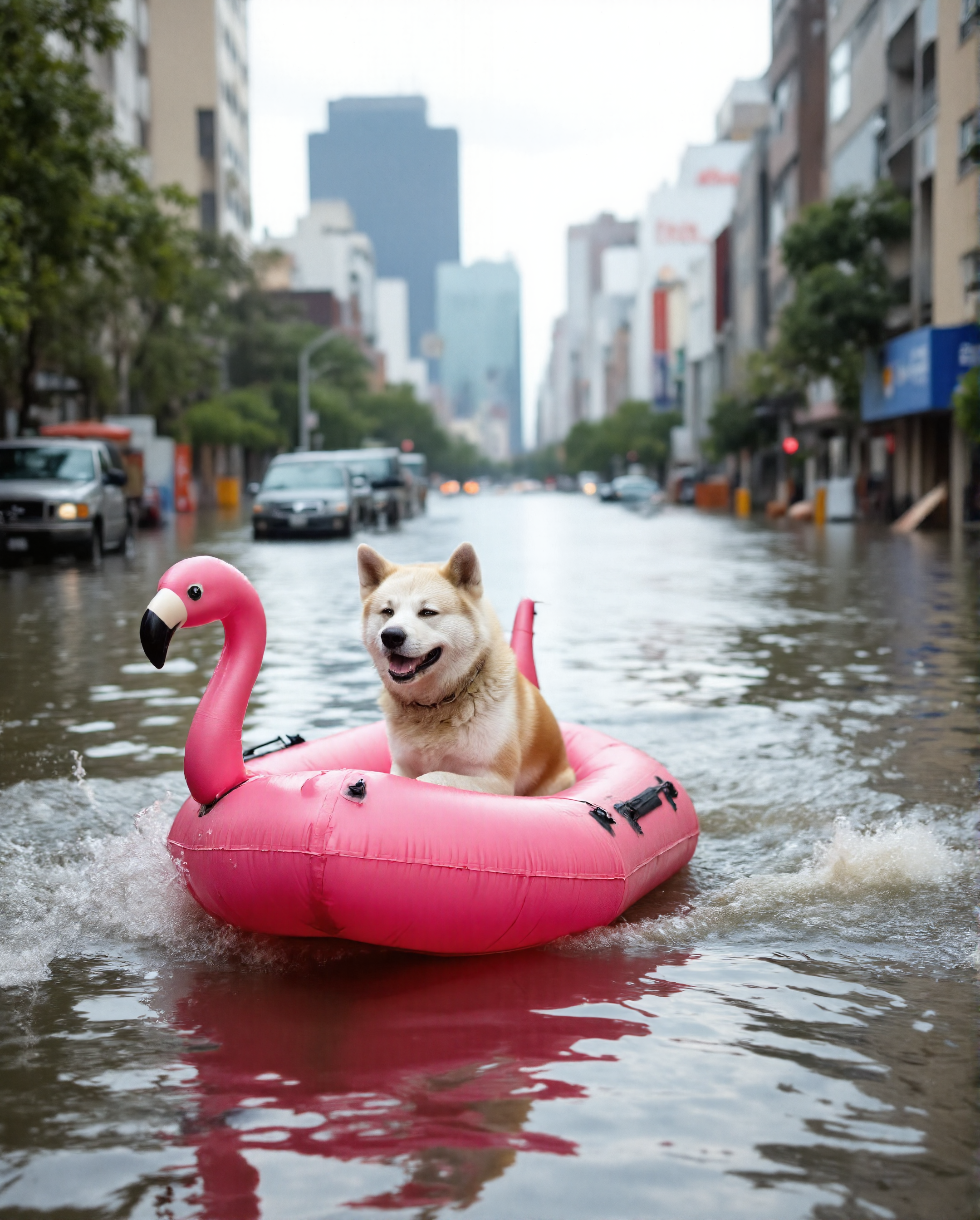 Imagine an image in the style of cinematic photorealism: A joyful Akita Inu dog named Yujin, happily navigating the flooded city streets in a pink flamingo inflatable boat. Yujin is smiling contentedly as he passes by half-submerged vehicles and debris. The boat's wake creates ripples that distort the reflection of a distant, partially flooded skyscraper., <lora:flux\personas\YujinLiz.safetensors:1.0:1.0> <lora:flux\estilos\Flooded_Streets_Flux.safetensors:1.0:1.0> <lora:flux\estilos\PCB_Image_Enhancer_for_FLUX.safetensors:1.0:1.0>