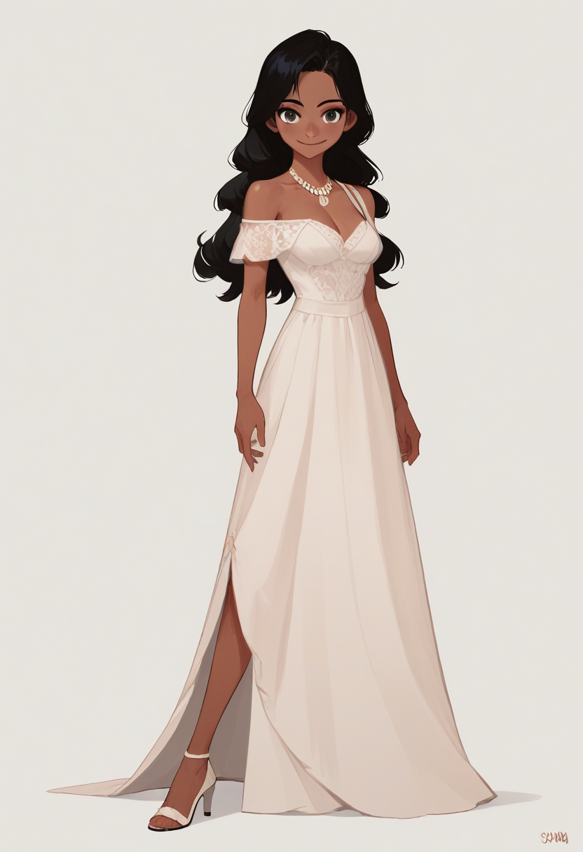 score_9, score_8_up, score_7_up, score_6_up, source_anime, 1girl,solo,long hair,breasts,looking at viewer,smile,simple background,black hair,white background,dress,cleavage,bare shoulders,jewelry,medium breasts,standing,full body,dark skin,necklace,off shoulder,white dress,high heels,dark-skinned female,off-shoulder dress
<lora:hong_soonsang_v0.3-pony:1>