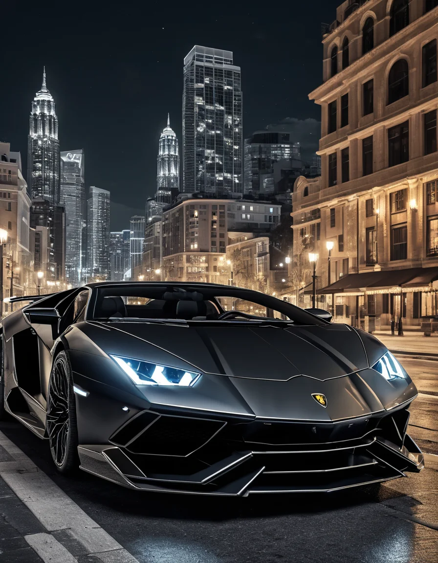 2023 Lamborghini Avendor black and gray with night light downtown background and moonlight landscape, highly detailed 8k resolution high contrast, intricate details, <lora:add-detail-xl:1>