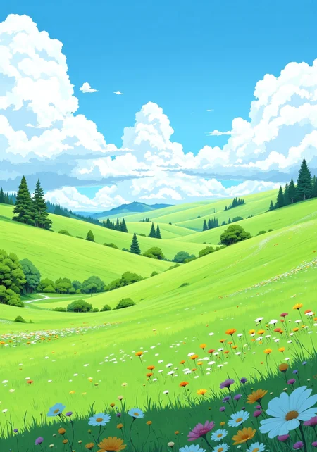 aidmafluxpro1.1, in the style of Jed-clrfl ,Rolling green hills dotted with wildflowers beneath a sky filled with soft, cotton-candy clouds.