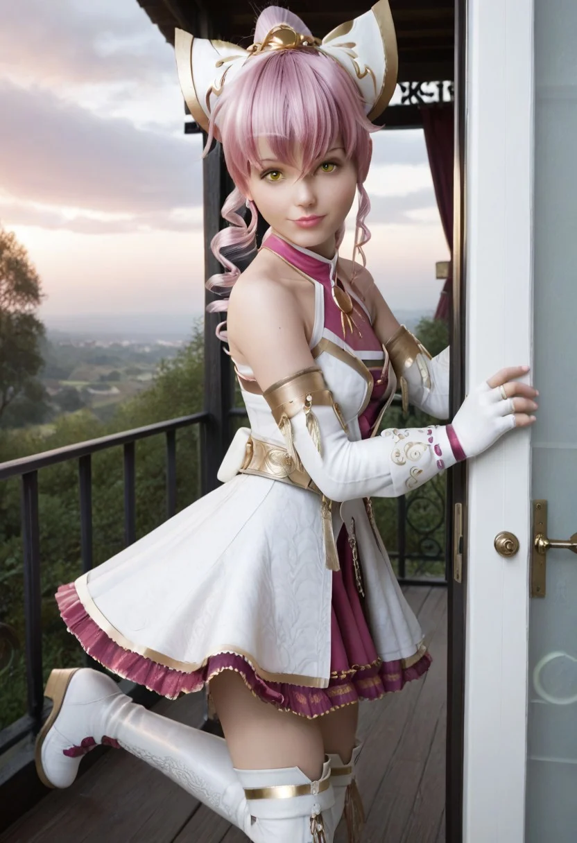 score_9, score_8_up, score_7_up, score_6_up, score_5_up, 1girl, Sakura (FFBE), pink hair, yellow eyes, bangs, hair between eyes, hair ornament, drill hair, sidelocks, ponytail, makeup, lipstick, white clothes, halterneck, gold trim, skirt, pinks skirt, pleated skirt, frilled skirt, thighhighs, white boots, multicolored footwear, elbow gloves, detcahed sleeves, fingerless glove, bare shoulders, zettai ryouiki, looking at viewer, sexy, female focus, fantasy, face focus, expressive, skindentation, pale, skinny, tiny, clothed female, masterpiece, 32K HD, detailed eyes, wet clothes, shiny skin, showing lots of skin, steamy air, wide lens, perfect eyes, 3d, realistic, photorealistic, textured skin, out doors, clouds, tree, (chibi)