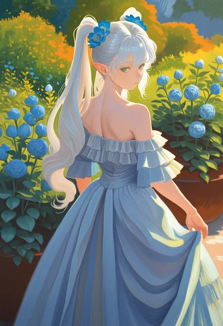 painterly, artist:[van gogh|monet|renoir|edgar degas|cqtlatte|xilmo],
1girl, white hair, long hair, twintails, green eyes, pointy ears, collarbone, nape, fine art, blue flower, bare shoulders, off-shoulder dress, frills, colorful, outdoors, garden, scenery, from behind, looking back, 
scenery, abstract background,
newest, impasto, brushstroke, impressionism, oil painting \(medium\), newest, absurdres, masterpiece, very aesthetic