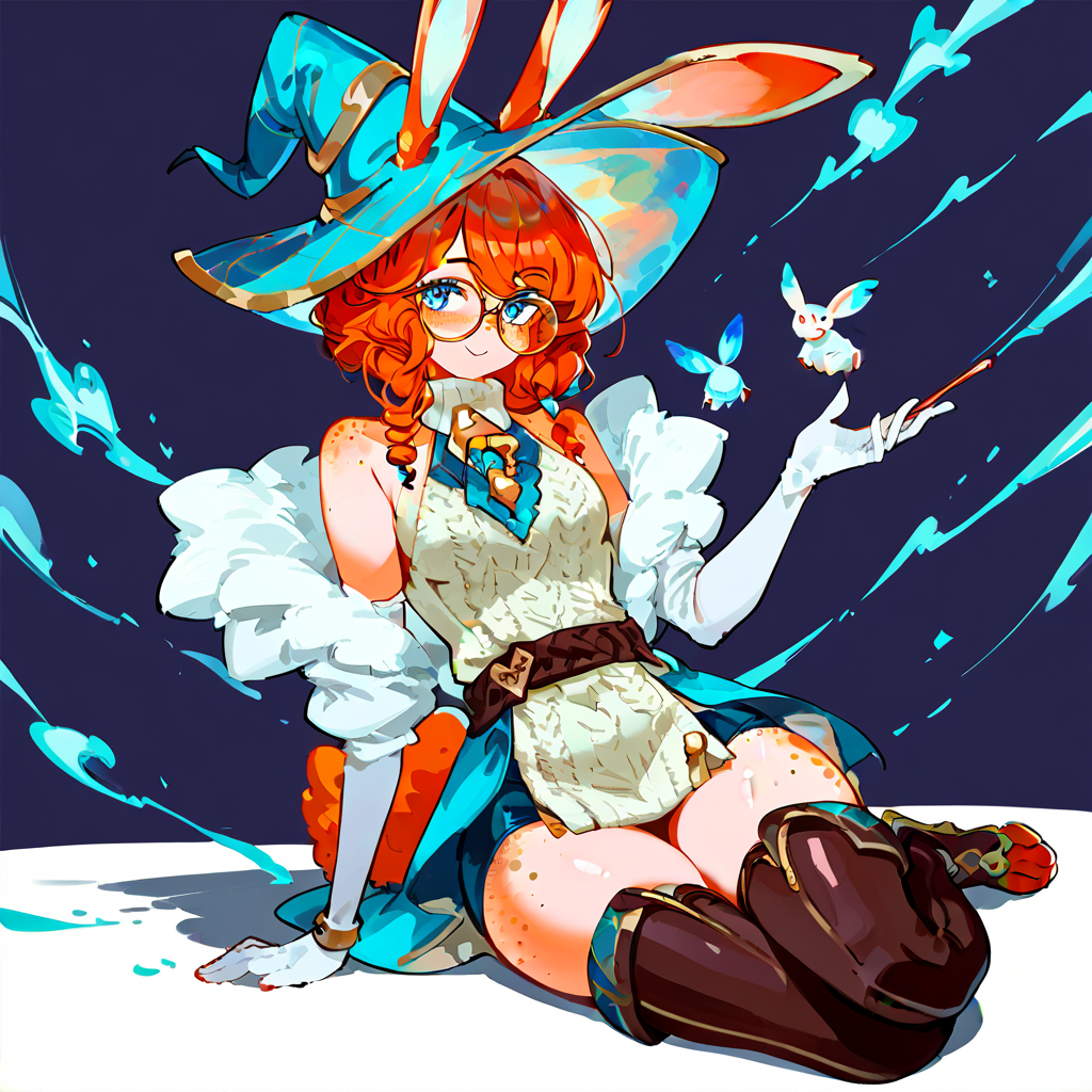 score_9, score_8_up, score_7_up, anime_source, simple background, sitting,
1girl, solo, auroralol, animal ears, blue eyes, glasses, magician hat, bare shoulders, sweater, freckles, thigh boots, rabbit tail, elbow gloves, belt, animal_feet,
<lora:auroralol_pony_v1:0.9>