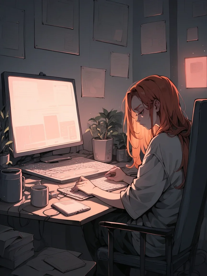 score_9, score_8_up, score_7_up, score_6_up, score_5_up, score_4_up, <lora:l0f1XLP:0.7> l0f1, 1girl, computer, neon, long hair, curvy, ginger hair, tired