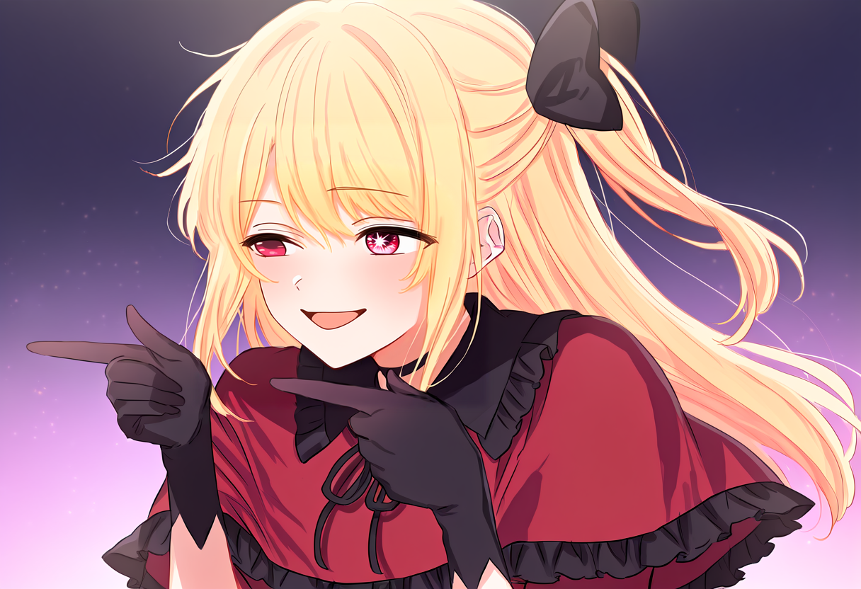 masterpiece, high quality, best quality, 1girl, rbhshnidol, long hair, blonde hair, sidelocks, hair between eyes, one side up, hair bow, black bow, pink eyes, mismatched pupils, star-shaped pupils, idol clothes, frills, red capelet, frilled capelet, collared capelet, neck ribbon, black ribbon, red shirt, black gloves, black choker, finger spin, upper body, pointing, open mouth, smile, half-closed eyes, looking to the side, <lora:Rikkas_Finger_Spin_-_finger_twirl:1>, <lora:oshinoko_rubyhoshino_illustriousXL:0.95>