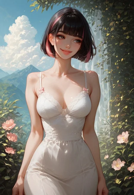 score_9, score_8_up, score_7_up, score_6_up, score_5_up, score_4_up, Sarah, SarahRH, Expressiveh, detailed, short black hair, bob cut, straight hair, blunt bangs, dyed bangs (pink), (pink) streaked hair, dark eyes, cute face, beautiful lips, medium breasts, curvy, large hips, pale skin, mole under her eye, outdoors, (white) sundress, windy, looking away, little smile, pensive, mountains background, aesthetic, cowboy shot, Dutch angle