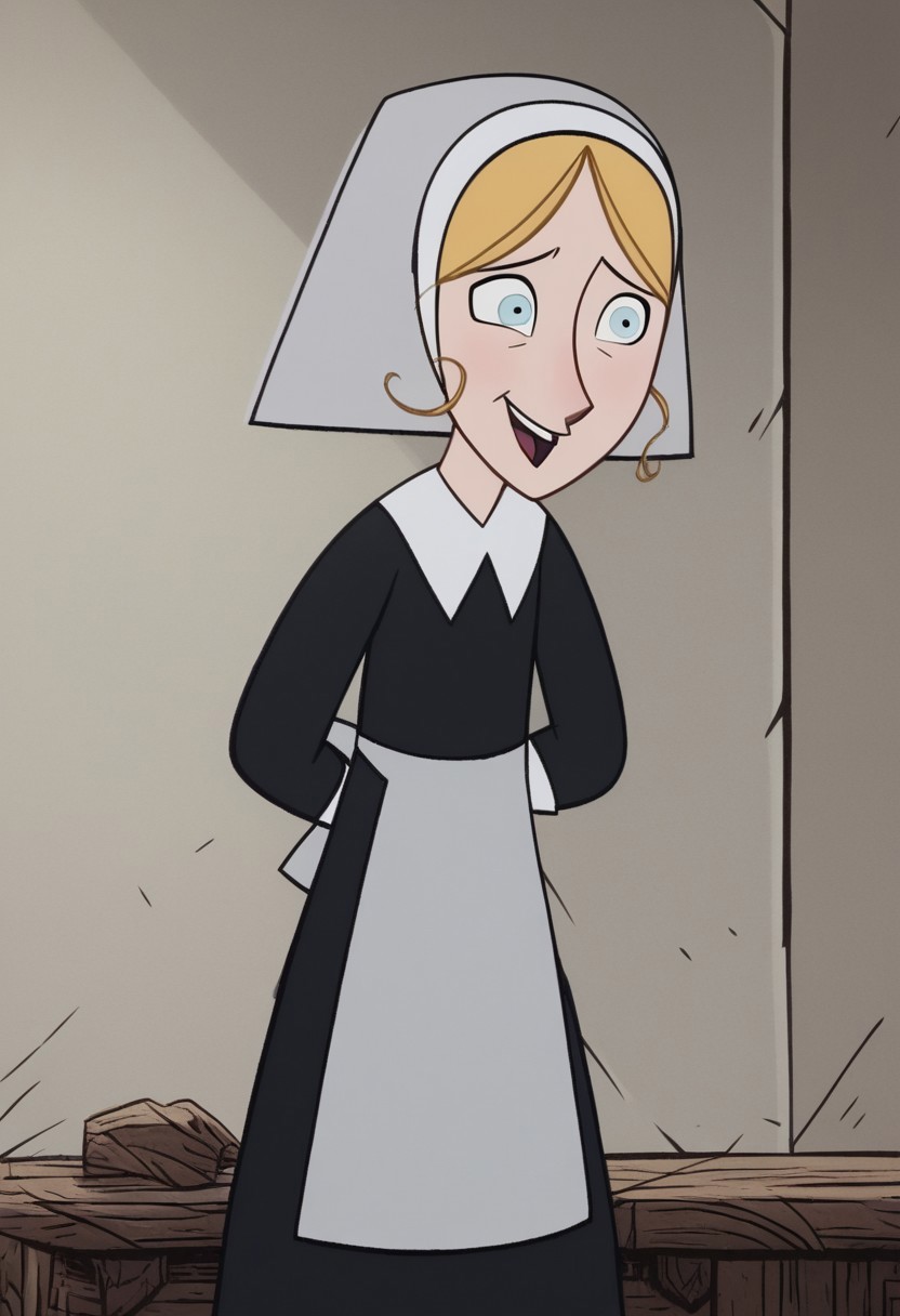 (zPDXL3) source_cartoon, robyn_goodfellow_v2, blonde hair, solo, nun, blue eyes, habit, nervous, apron, smile, open mouth, crazy eyes,1girl, child, Hand, detailed, perfect, perfection, hands