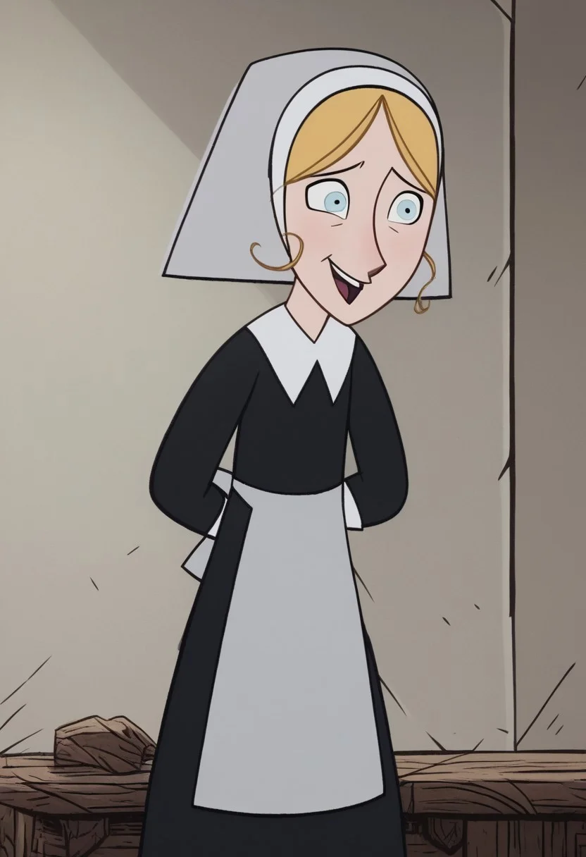 (zPDXL3) source_cartoon, robyn_goodfellow_v2, blonde hair, solo, nun, blue eyes, habit, nervous, apron, smile, open mouth, crazy eyes,1girl, child, Hand, detailed, perfect, perfection, hands