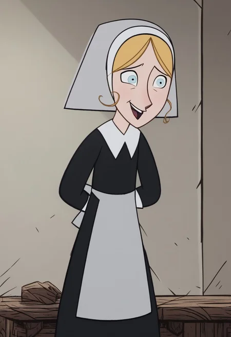 (zPDXL3) source_cartoon, robyn_goodfellow_v2, blonde hair, solo, nun, blue eyes, habit, nervous, apron, smile, open mouth, crazy eyes,1girl, child, Hand, detailed, perfect, perfection, hands