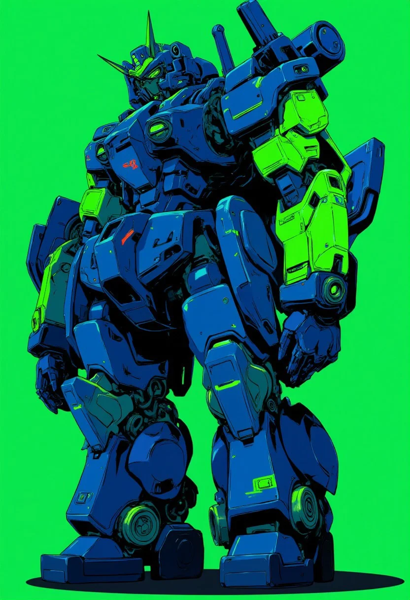 high contrast neon anime style in lime green and navy blue. A large battletank