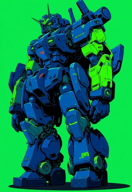 high contrast neon anime style in lime green and navy blue. A large battletank