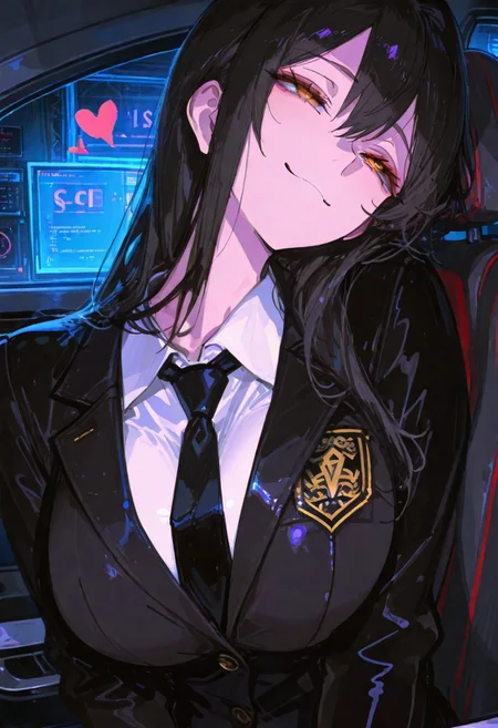 score_9, score_8_up, score_7_up, score_6_up, source_anime, incredible quality, detailed facial expressions, {masterpiece},illustration,beautiful detailed,colourful,finely detailed, intricate details,1girl, solo, young, 20years old, black long hair, looking away, long sleeves, looking at viewer, yellow eyes, big breasts, white shirt, UHD, masterpiece, hyper detail, super detail, anime screencap, black jacket, shirt, black tie, erotic smail, eyes smiled, heart in pupils, half-closed eyes