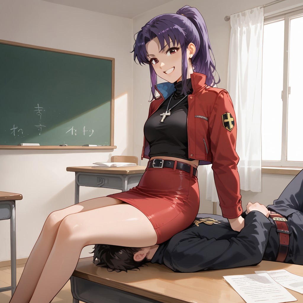 score_9,score_8_up,score_7_up,score_6_up,source_anime, studio lighting, anime screencap, 2d,
FWF4, facesitting, femdom, two persons, classroom, full body, view from afar, 
1girl (misato katsuragi, long hair, brown eyes, purple hair, parted bangs, ponytail, sidelocks, skirt, jewelry, jacket, belt, necklace, uniform, cross, red jacket, pencil skirt, cross necklace, red skirt, black shirt, turtleneck, cropped jacket, dominant female, skinny, skindentation, evil grin, legs straight), 
BREAK
1guy (young, short hair, submissive boy, casual outfit)