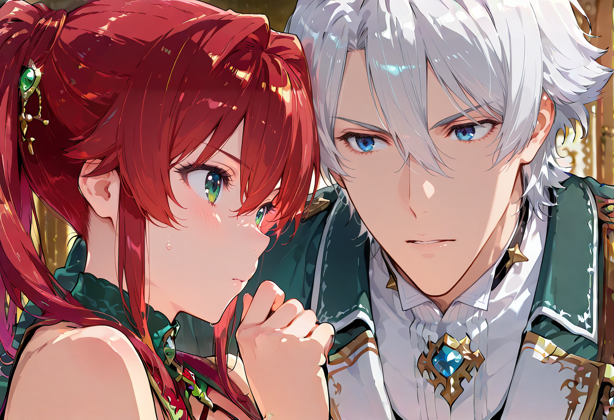 <lora:takeda_hiromitsu_style_illustrious_goofy:0.8>, anime screencap, anime coloring, <lora:Eyes_Lora_Pony_Perfect_eyes:0.5>, 1girl, 1boy, <lora:noobai_vpred_1_masterpieces_v23:0.5>, masterpiece, best quality,
BREAK <lora:Alethea:0.8>, red hair, green eyes, Alethea
BREAK <lora:Samuel_von_Heathcliff:0.8>, White hair, blue eyes, Samuel von Heathcliff