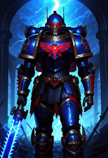 A Legiones Astartes Space Marine from the Horus heresy, with midnight coloured armor and red eyes, holds an electric chainsword in his hand, covered by dark blue oil. His face is helmet is half skul. He wears heavy chainmail armor with metal spikes and no helmet or mask. The background shows him standing inside a huge gothic spaceship interior. A lightning storm rages outside.