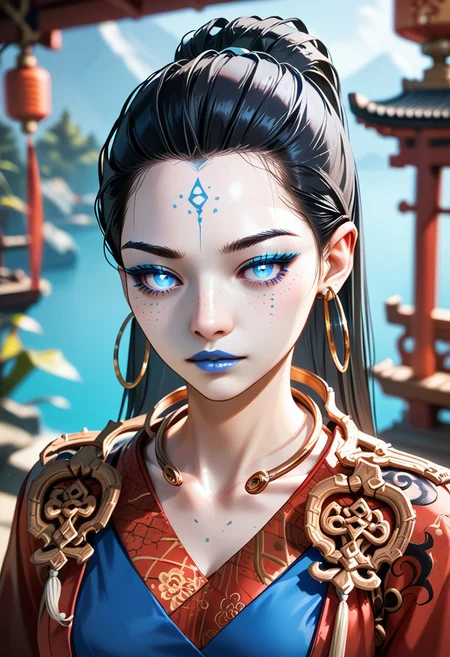 score_9,score_8_up,score_7_up,source_anime, Kang-Jin Star,1girl,solo,looking at viewer,jewelry,collarbone,upper body,earrings,parted lips,necklace,blurry,head tilt,blurry background,makeup,chinese clothes,portrait,freckles,hoop earrings,animification,hanfu,blue eyeshadow,