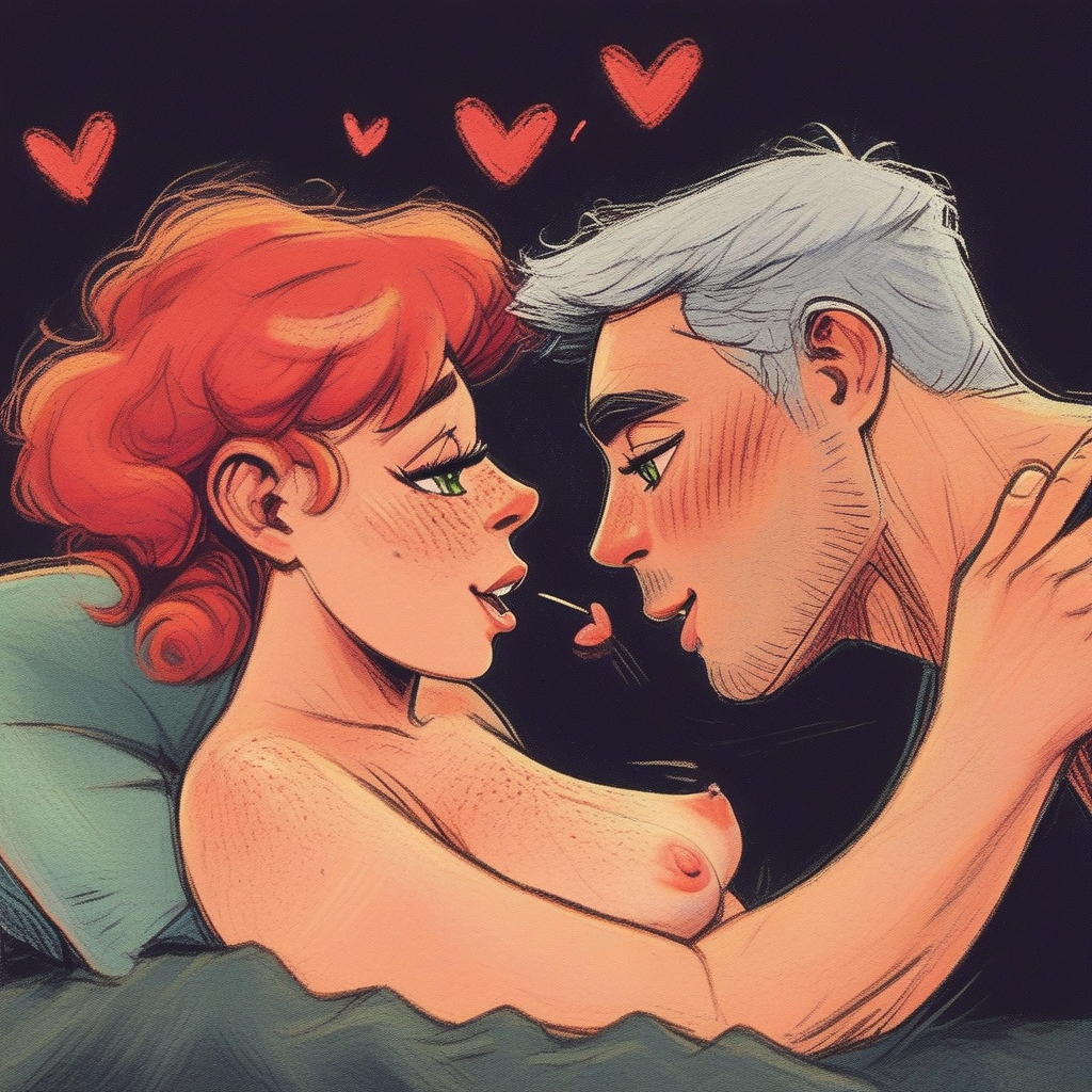 score_9, score_8_up, score_7_up, ncpy13 style, pastels drawing, dark textured background, flat perspective, 1man and 1woman, romantic, motion lines, tender, passionate, side view, amateur, raw, fellatio, orgasm, on bed.  ((1woman with red hair)), 40 years old, (woman has chubby body:0.9), milf, sexy, freckles, green eyes, confident, flirty, proud, orgasm, heart, blush, (small breasts), (saggy breasts:0.8), preforming fellatio.  1man with gray hair, 30 years old, (man has chubby body:1.0), (man has gray hair and middle age face), man on top.