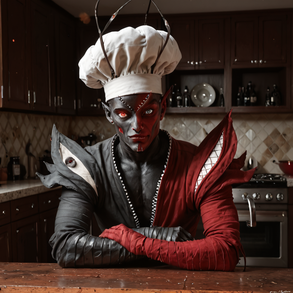 score_9, score_8_up, score_7_up, rating_safe,photo,realistic,cinematic,DLSR,HDR,film grain, zPDXLrl,solo,1boy,abbadomon core,antenna, <lora:AbbadomonCorePony:1>, cropped,portrait,indoors,kitchen,chef hat