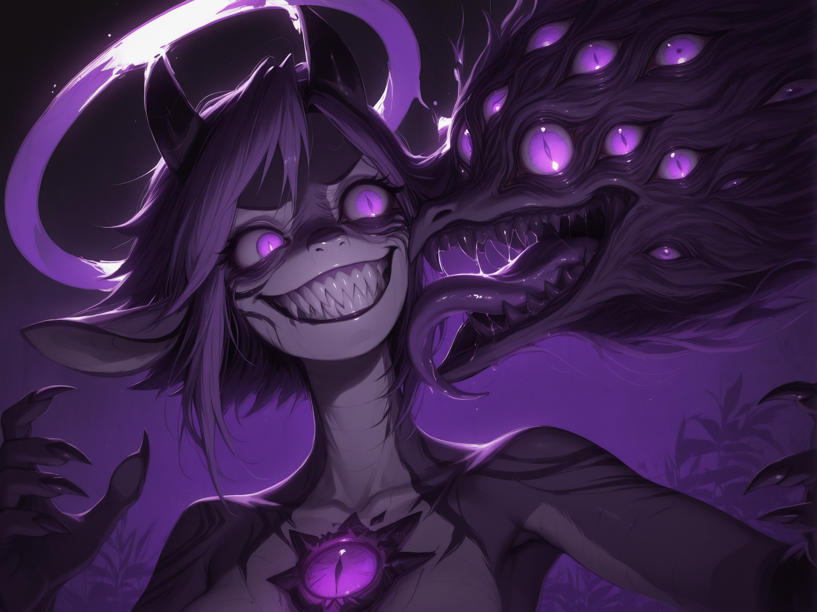masterpiece, best quality, newest, highres, absurdres, 
 <lora:Eldritch_horror_concept_LoRA:1.2> (1uxfer0:1.2), head, destroyed head, extra eyes, (halo:1.4), (extra eyes background:1.4), teeth, (sharp teeth:1.5), (tongue:1.4),  __drakopa__, 
1girl, (solo:1.2),  small breasts, looking at another, __jojoposes__, 
<lora:Dramatic Lighting Slider:3.5>