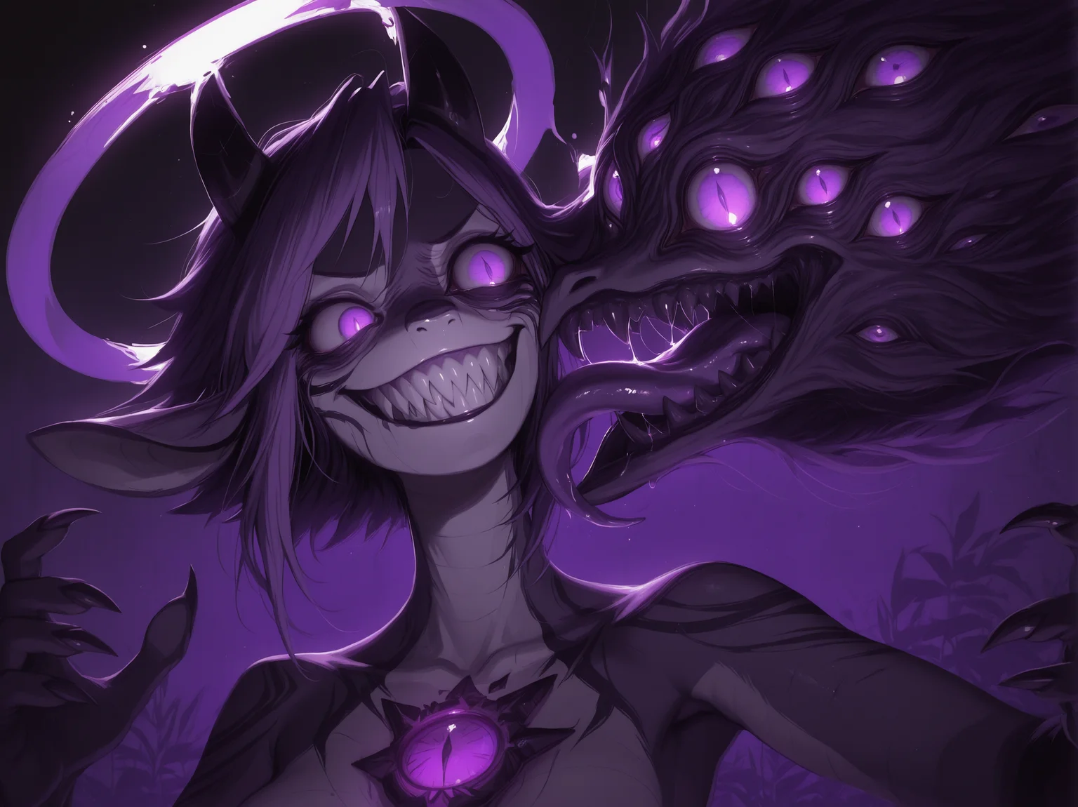 masterpiece, best quality, newest, highres, absurdres,
<lora:Eldritch_horror_concept_LoRA:1.2> (1uxfer0:1.2), head, destroyed head, extra eyes, (halo:1.4), (extra eyes background:1.4), teeth, (sharp teeth:1.5), (tongue:1.4), __drakopa__,
1girl, (solo:1.2), small breasts, looking at another, __jojoposes__,
<lora:Dramatic Lighting Slider:3.5>