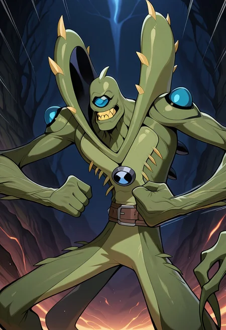 , masterpiece, best quality, amazing quality, very aesthetic, absurdres, newest,
wildvine, solo, , alien, monster, one eye, blue eye, green skin, , spikes, claws, yellow teeth,,, no hair, 1boy, Digimon, 
expressive, very expressive, 
green skin, stretchy arms, dynamic pose, punching, long arms, incoming punch