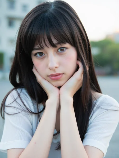There are wonderful studio lights and various reflections,
18yo beautiful cute girl with blushing and female orgasm.skin naturally showing the texture of blood vessels and detailed pale skin,
--,
<lora:Nakajo_Ayami_f1:1>,she is Nakajo Ayami, The image is a portrait of a young Asian woman with long dark hair and bangs. Her female orgasm blush and tears flow,full of sexual desire,Her is resting her chin on her hand. The background is blurred,but it appears to be an outdoor setting with a building visible in the distance. The overall mood of the image is lascivious and erotic.,,