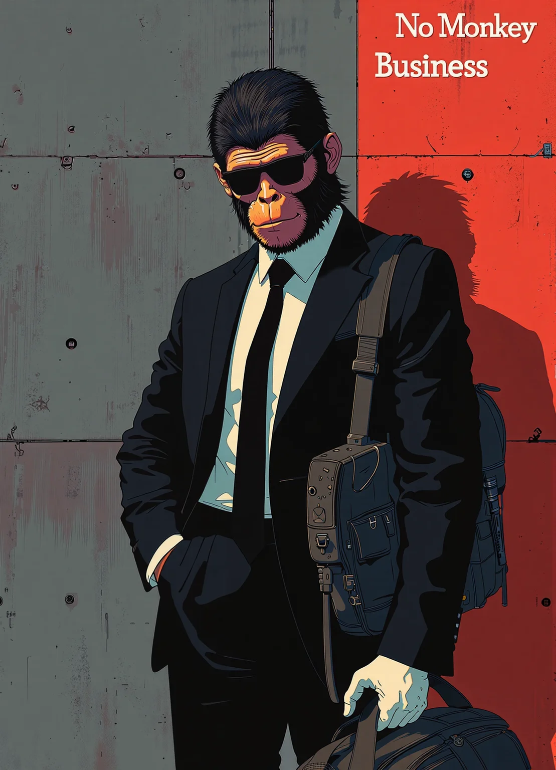 A stylish digital illustration of a man getting ready for a bank heist. Man wearing monkey mask and black dark sunglasses. He is standing in front of a concrete wall. He is wearing black suit and black tie and white glove. He is holding a MP5 submachinegun and has duffle bag on him. The atmosphere is tense but the man is professional and keep his cool. The illustration has a minimalist style with bold color scheme with high contrast. On top of the image "No Monkey Business" is written in bold text.