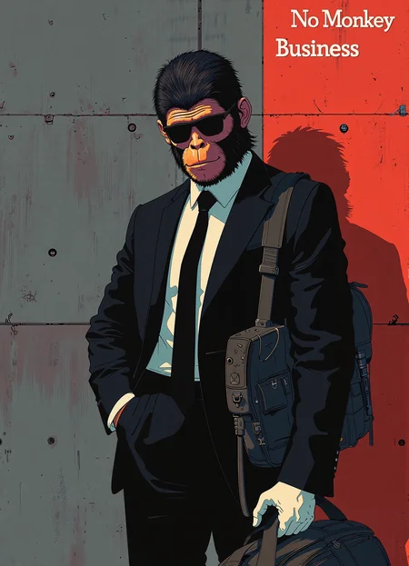 A stylish digital illustration of a man getting ready for a bank heist. Man wearing monkey mask and black dark sunglasses. He is standing in front of a concrete wall. He is wearing black suit and black tie and white glove. He is holding a MP5 submachinegun and has duffle bag on him. The atmosphere is tense but the man is professional and keep his cool. The illustration has a minimalist style with bold color scheme with high contrast. On top of the image "No Monkey Business" is written in bold text.