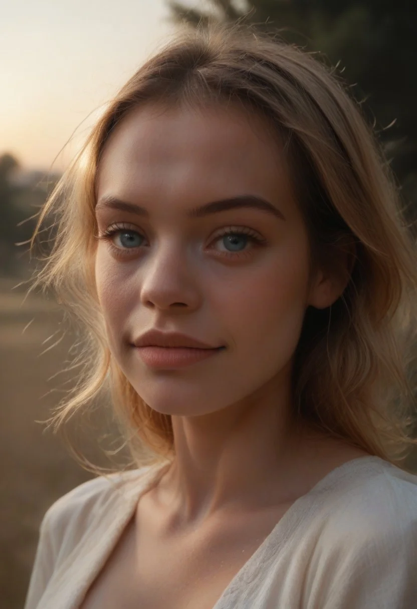 score_9, score_8_up, score_7_up, 1girl, Guin, Close-up of Guin's face in backlight. The light traces the lines of her face. It seems to be a warm summer evening, the sun is setting. Her lock of long blonde hair is blown by the wind. She has a dreamy smile and is looking at the ground.