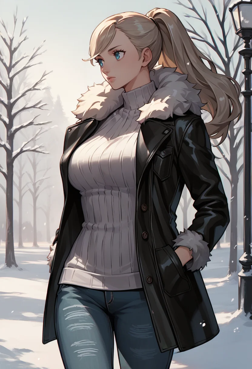 score_9, score_8_up, score_7_up, source_anime, 1girl, solo, cowboy shot, hands in pockets, looking to the side, <lora:AnnP5-pdxl:1.0> rndAnn, long hair, ponytail, leather coat, ribbed sweater, fur trim, large breasts, jeans, outdoors, winter