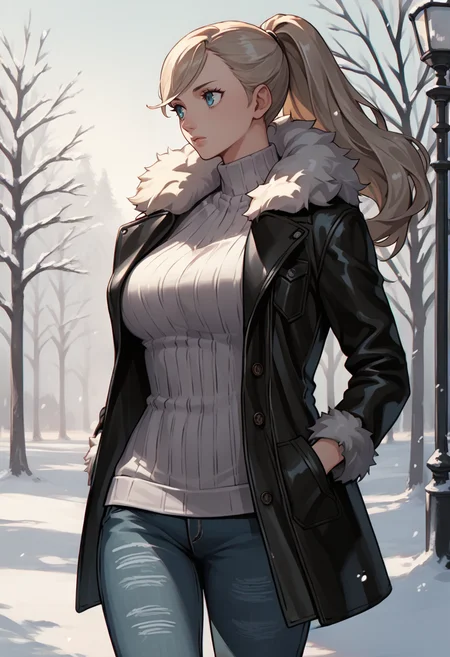 score_9, score_8_up, score_7_up, source_anime, 1girl, solo, cowboy shot, hands in pockets, looking to the side, <lora:AnnP5-pdxl:1.0> rndAnn, long hair, ponytail, leather coat, ribbed sweater, fur trim, large breasts, jeans, outdoors, winter