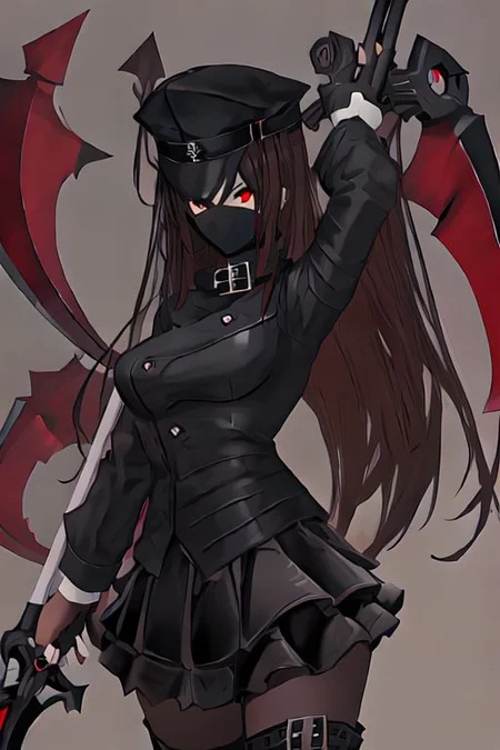 Succubus is a female with a long hair and red eyes, black police hat, wearing black bandanna that cover her face, black button jacket and short skirt, black thigh high boots, black gloves, black stockings, holding scythe,