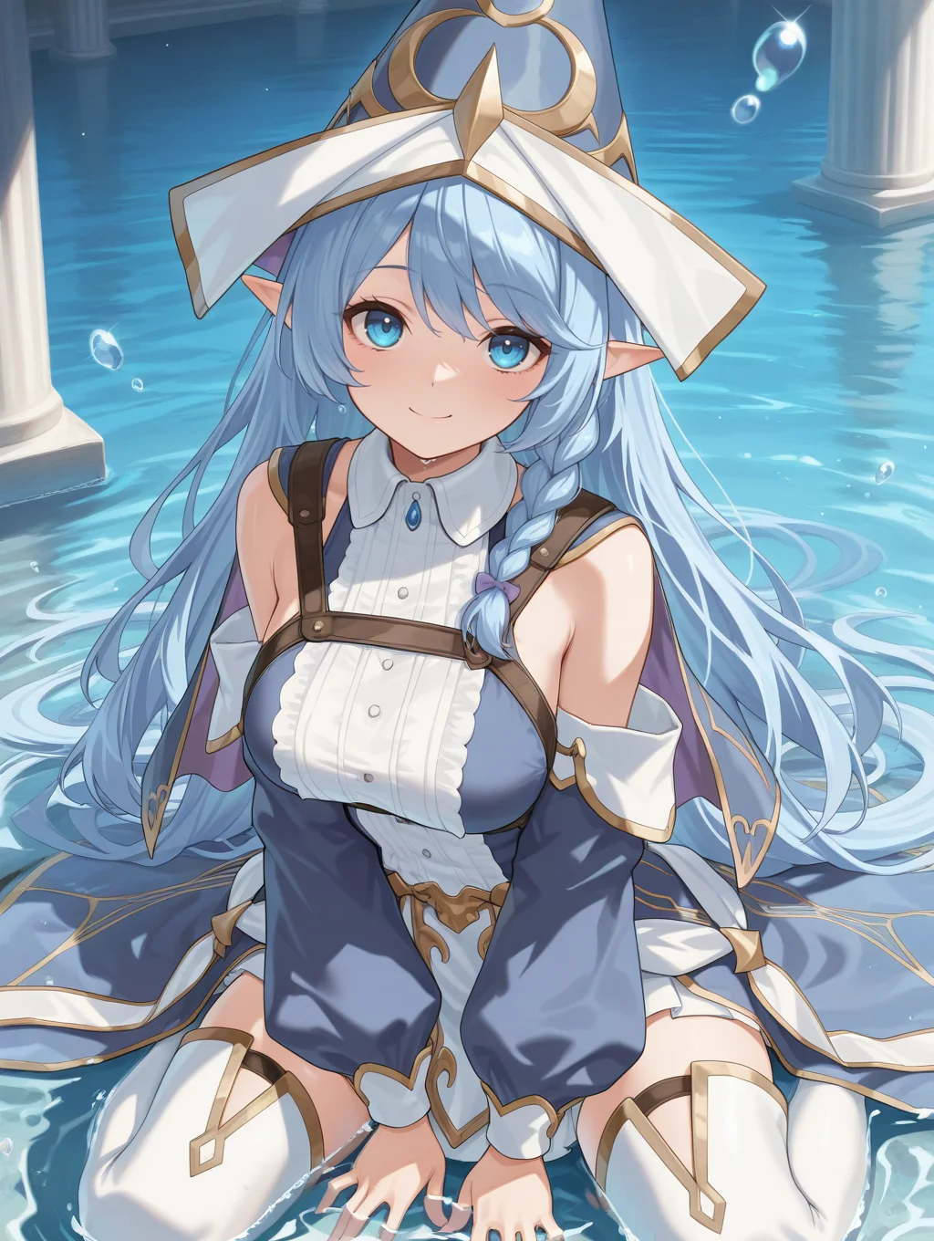 water enchantress of the temple, blue witch hat, witch dress, blue detached sleeves, white thighhighs, wariza, 1girl, solo, water, floating water, smile, sitting, looking at viewer, wading
masterpiece,best quality,amazing quality,very aesthetic,absurdres,newest,<lora:Water Enchantress of the temple illuXL v1.1:0.7>,