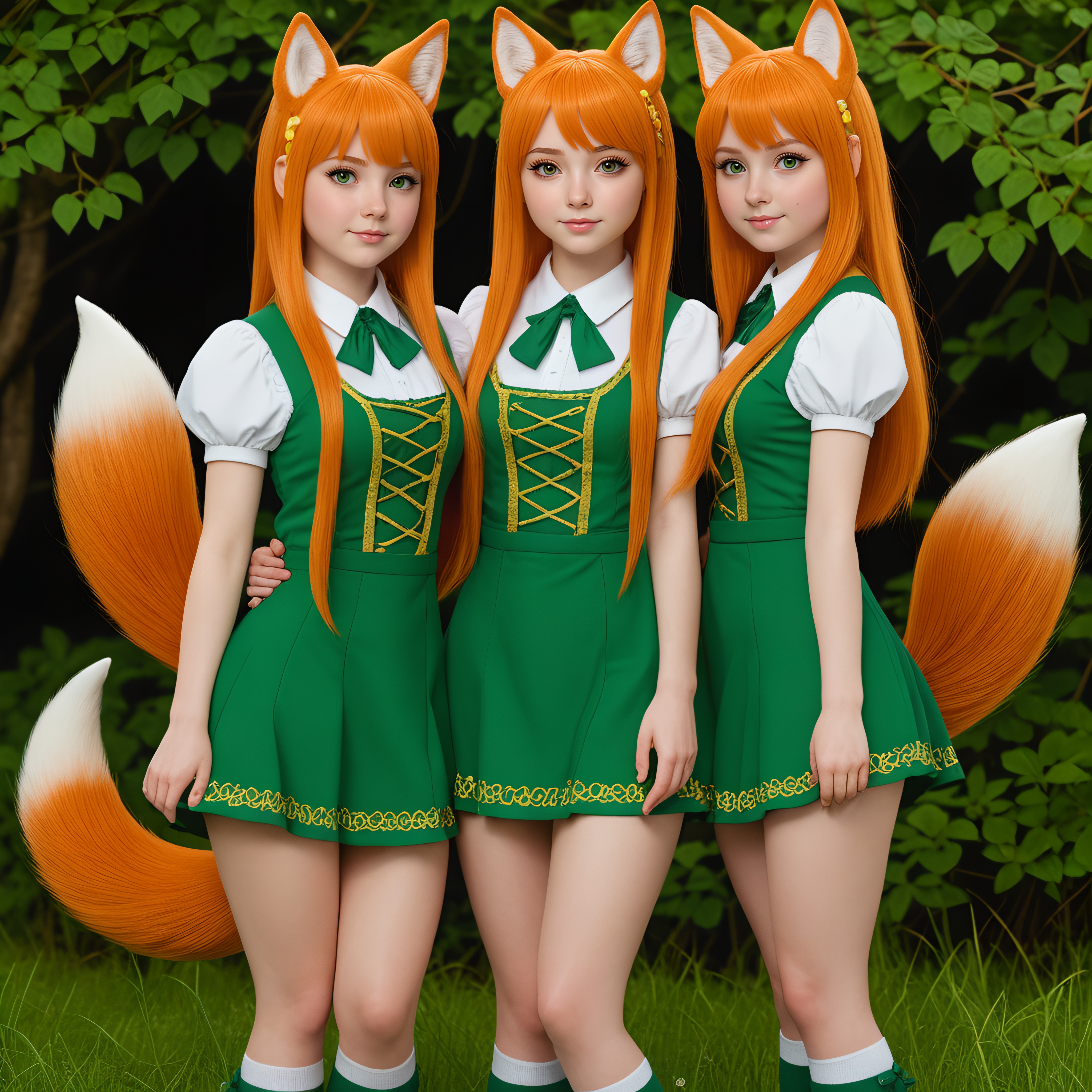 high detail full body photograph, two cute irish foxgirls, 25, round face, slightly chubby build,  cute feet,  tail, <lora:add-detail-xl:1.7>