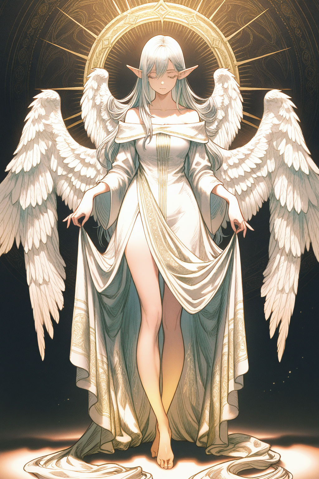 FretorF, A digital drawing of a serene, ethereal angel with white, feathered wings, flowing silver hair, and delicate, pointed ears. She wears a flowing, off-the-shoulder gown with intricate golden patterns. Her skin is fair, and she stands barefoot, holding her dress. The background is plain white, emphasizing her graceful pose and otherworldly beauty.